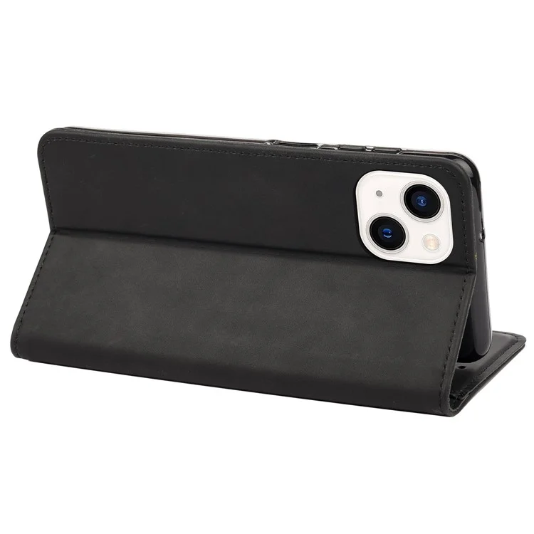 Per iPhone 14 6.1 pollici Stand Wallet Splicing Skin-touch Leather Phone Case Magnetic Auto-absorbed Folio Flip Cover - Nero