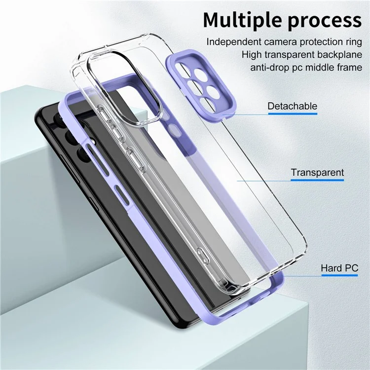 For Samsung Galaxy A32 4G (EU Version) 3-in-1 Clear TPU Backplate + PC Frame + PC Camera Protection Phone Drop-proof Case Anti-scratch Back Cover - Purple
