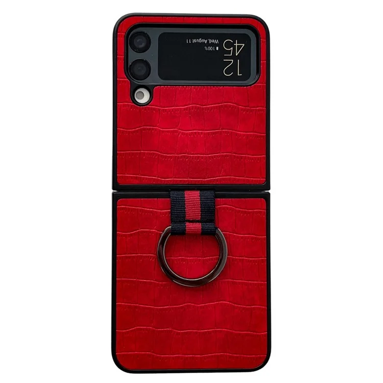 For Samsung Galaxy Z Flip4 5G Crocodile Texture Phone Case Leather Coated PC Folding Cover with Metal Finger Ring - Red