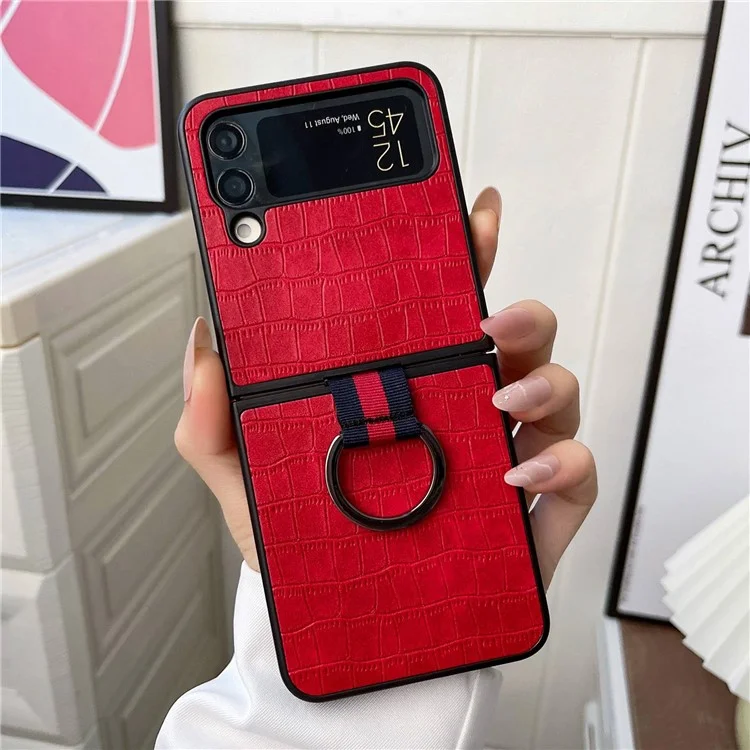 For Samsung Galaxy Z Flip4 5G Crocodile Texture Phone Case Leather Coated PC Folding Cover with Metal Finger Ring - Red