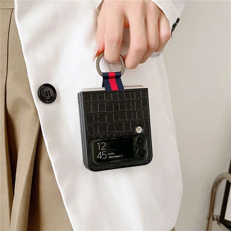 For Samsung Galaxy Z Flip4 5G Crocodile Texture Phone Case Leather Coated PC Folding Cover with Metal Finger Ring - Red