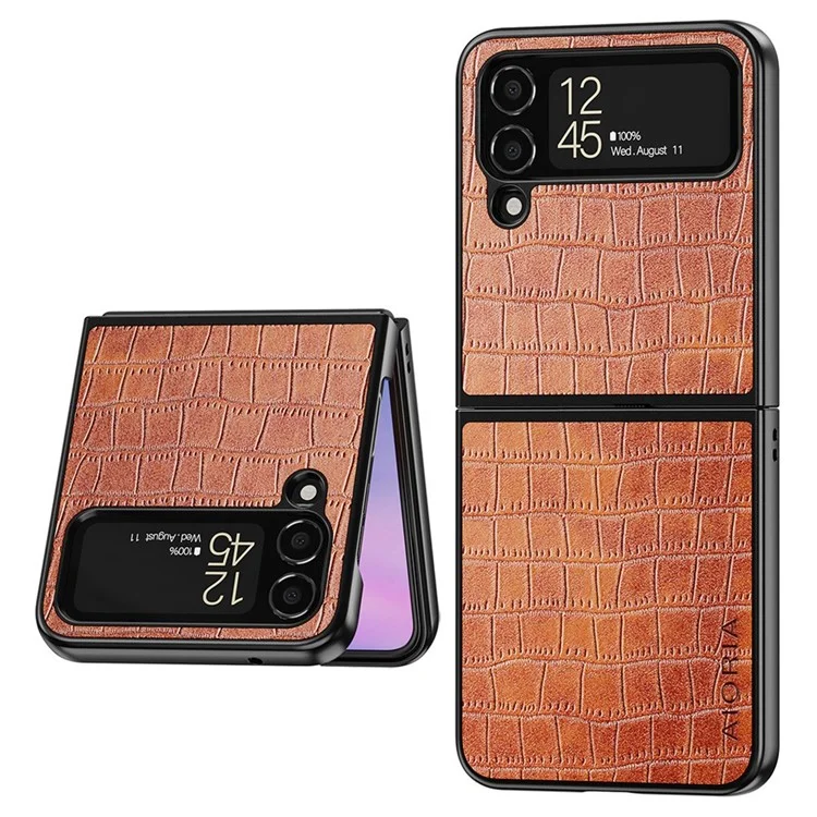 Aioria Pour Samsung Galaxy Z Flip3 5G Crocodile Texture PU Leather + PC + TPU Téléphone Couvre-résistance à la Goutte à Goutte - Brun
