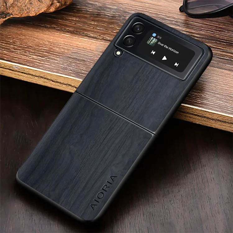 Aioria Pour Samsung Galaxy Z Flip3 5G PU Cuir + PC + TPU Téléphone Drop-orfroof Retro Wood Texture Anti-scratch Cover - le Noir