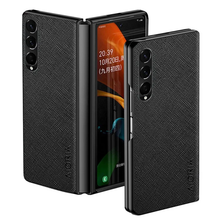 AIORIA Phone Case For Samsung Galaxy Z Fold4 5G Ultra Slim Phone Back Cover Cross Texture PU Leather Coating PC Scratch-resistant Phone Shell - Black