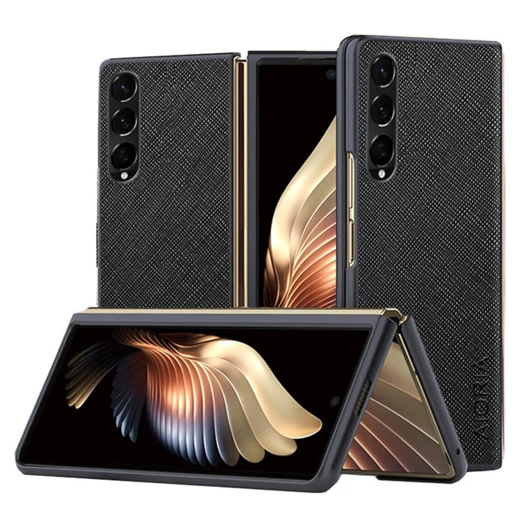 AIORIA Phone Case For Samsung Galaxy Z Fold4 5G Ultra Slim Phone Back Cover Cross Texture PU Leather Coating PC Scratch-resistant Phone Shell - Black