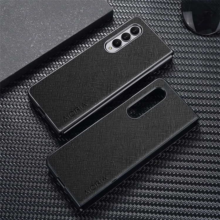 AIORIA Phone Case For Samsung Galaxy Z Fold4 5G Ultra Slim Phone Back Cover Cross Texture PU Leather Coating PC Scratch-resistant Phone Shell - Black