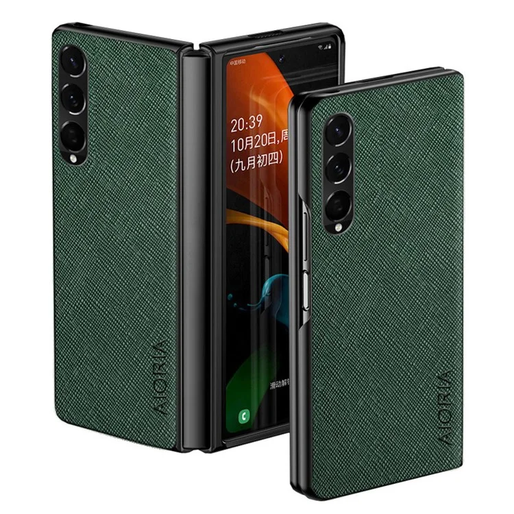 AIORIA Phone Case For Samsung Galaxy Z Fold4 5G Ultra Slim Phone Back Cover Cross Texture PU Leather Coating PC Scratch-resistant Phone Shell - Green