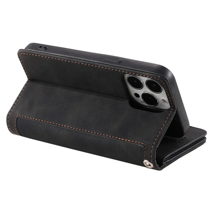 For iPhone 14 Pro Max 6.7 inch Cellphone Shell, Zipper Pocket Design 9 Card Slots PU Leather Case Magnetic Closure Stand Wallet Cover with Strap - Black