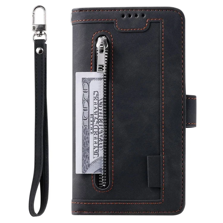 For iPhone 14 Pro Max 6.7 inch Cellphone Shell, Zipper Pocket Design 9 Card Slots PU Leather Case Magnetic Closure Stand Wallet Cover with Strap - Black
