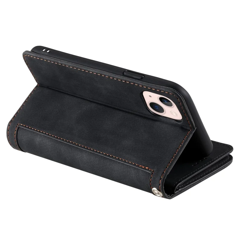 For iPhone 14 Plus Zipper Pocket Design 9 Card Slots Shockproof PU Leather Case Magnetic Closure Stand Wallet Cover with Strap - Black