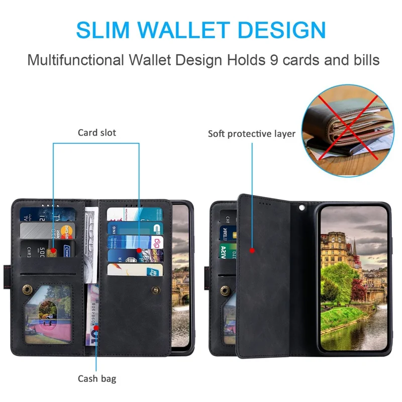 For iPhone 14 Plus Zipper Pocket Design 9 Card Slots Shockproof PU Leather Case Magnetic Closure Stand Wallet Cover with Strap - Black