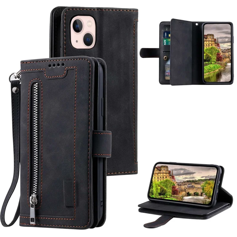 For iPhone 14 Plus Zipper Pocket Design 9 Card Slots Shockproof PU Leather Case Magnetic Closure Stand Wallet Cover with Strap - Black