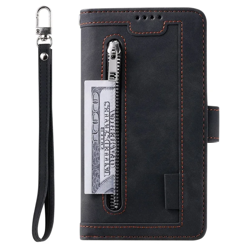 For iPhone 14 Plus Zipper Pocket Design 9 Card Slots Shockproof PU Leather Case Magnetic Closure Stand Wallet Cover with Strap - Black