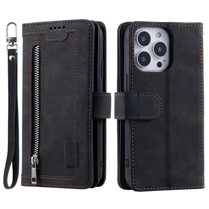 For iPhone 14 Pro 6.1 inch Zipper Pocket Design PU Leather 9 Card Slots Case Magnetic Closure Hands-free Stand Wallet Cover with Strap - Black