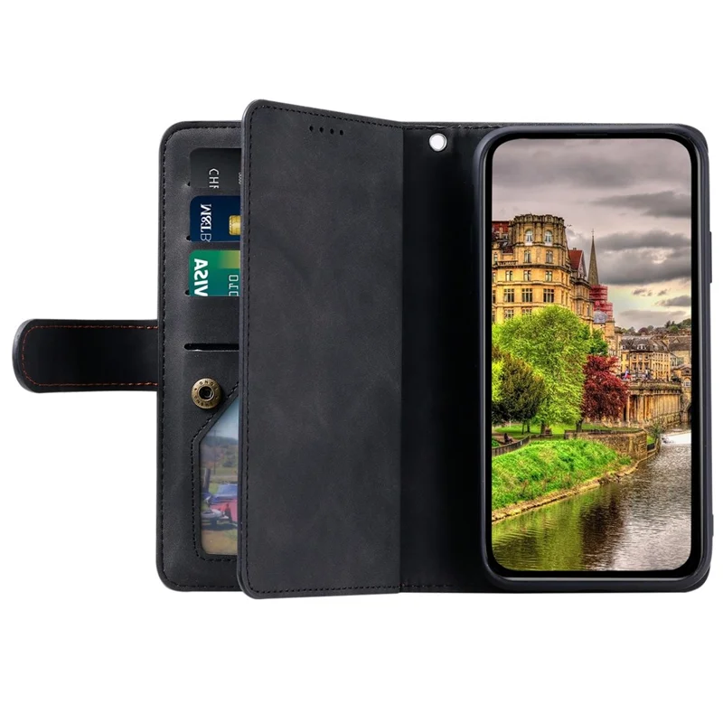 For iPhone 14 Pro 6.1 inch Zipper Pocket Design PU Leather 9 Card Slots Case Magnetic Closure Hands-free Stand Wallet Cover with Strap - Black