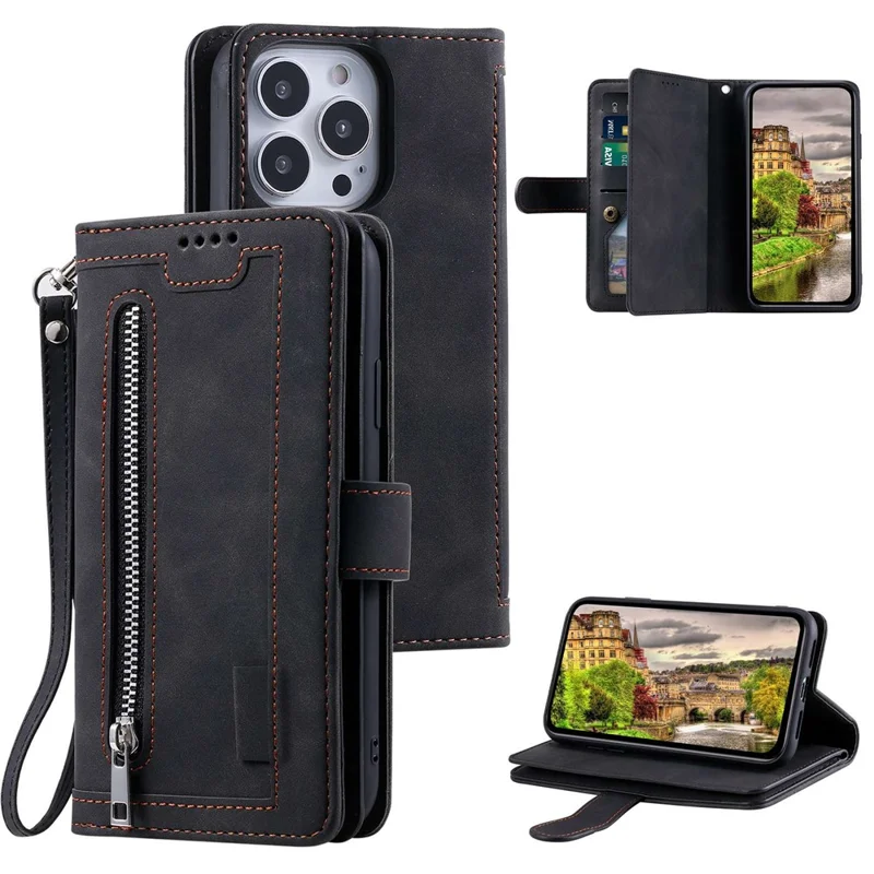 For iPhone 14 Pro 6.1 inch Zipper Pocket Design PU Leather 9 Card Slots Case Magnetic Closure Hands-free Stand Wallet Cover with Strap - Black