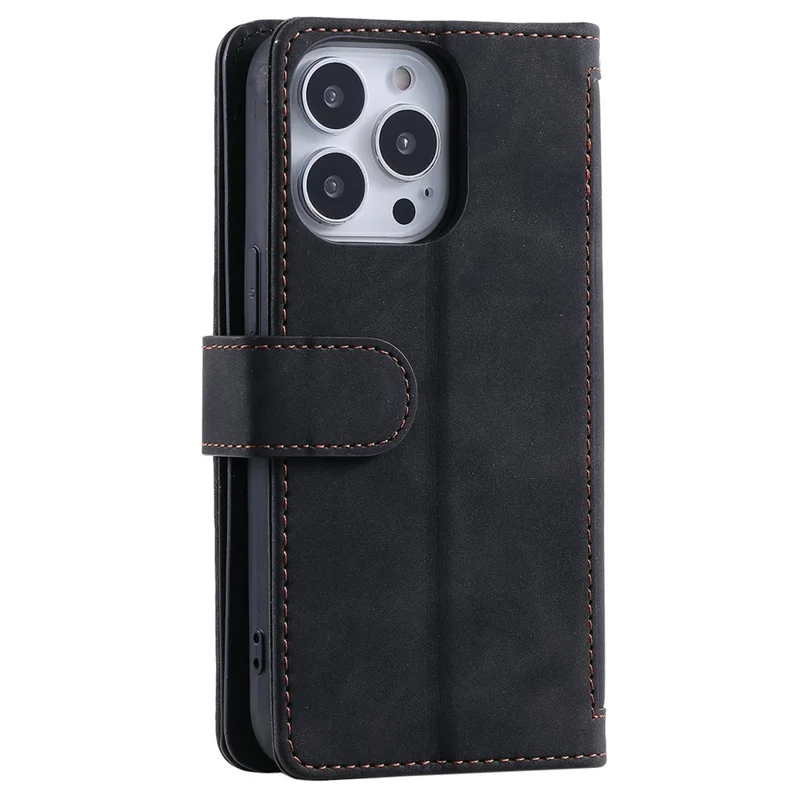 For iPhone 14 Pro 6.1 inch Zipper Pocket Design PU Leather 9 Card Slots Case Magnetic Closure Hands-free Stand Wallet Cover with Strap - Black