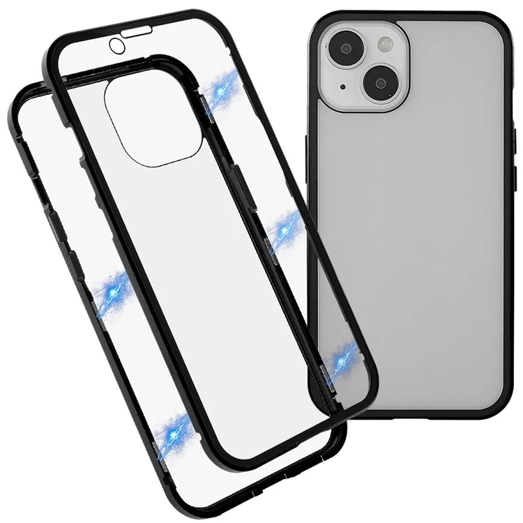 For iPhone 14 Plus All-around Protection Metal Bumper + Double-sided Tempered Glass Anti-wear Magnetic Phone Cover - Black