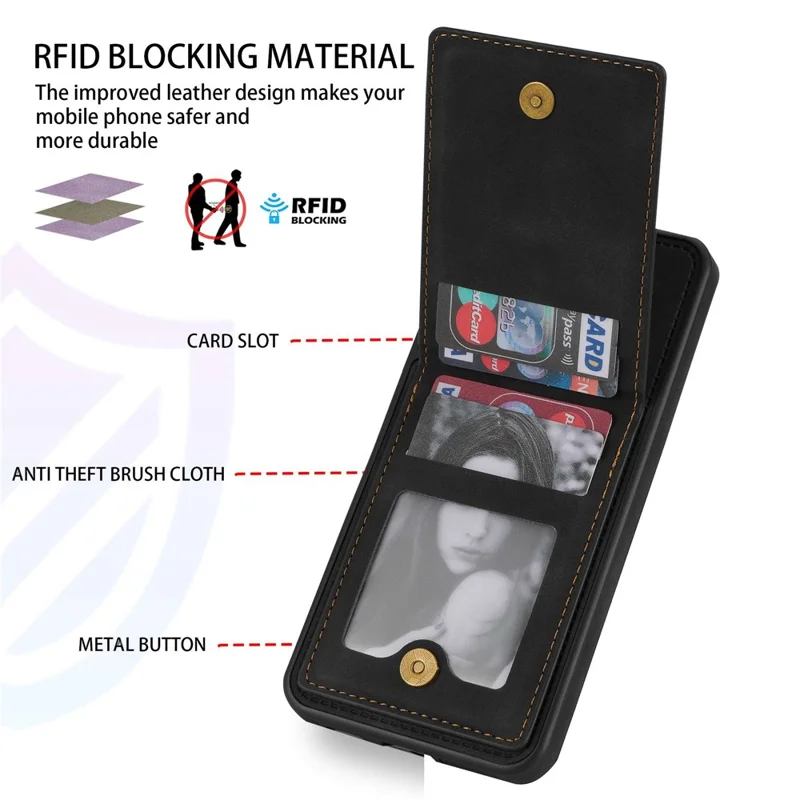 N.BEKUS For Samsung Galaxy A53 5G Anti-fall Phone Case Kickstand RFID Blocking Vertical Card Holder PU Leather+TPU Protective Phone Cover - Black