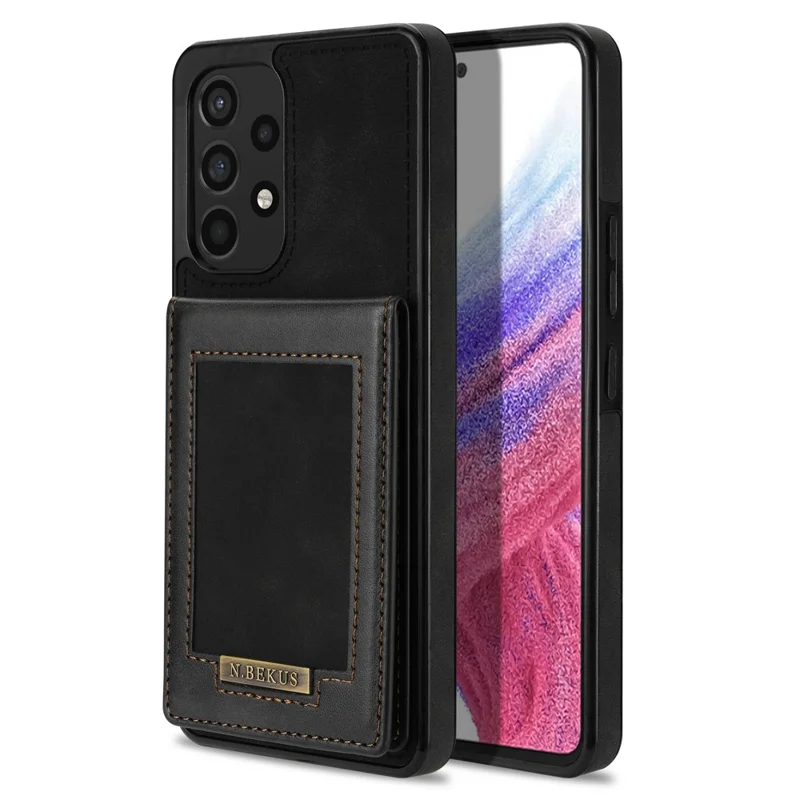 N.BEKUS For Samsung Galaxy A53 5G Anti-fall Phone Case Kickstand RFID Blocking Vertical Card Holder PU Leather+TPU Protective Phone Cover - Black