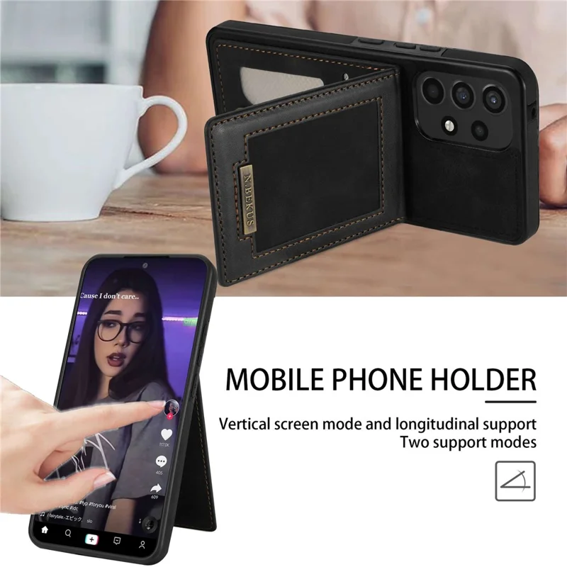 N.BEKUS For Samsung Galaxy A53 5G Anti-fall Phone Case Kickstand RFID Blocking Vertical Card Holder PU Leather+TPU Protective Phone Cover - Black