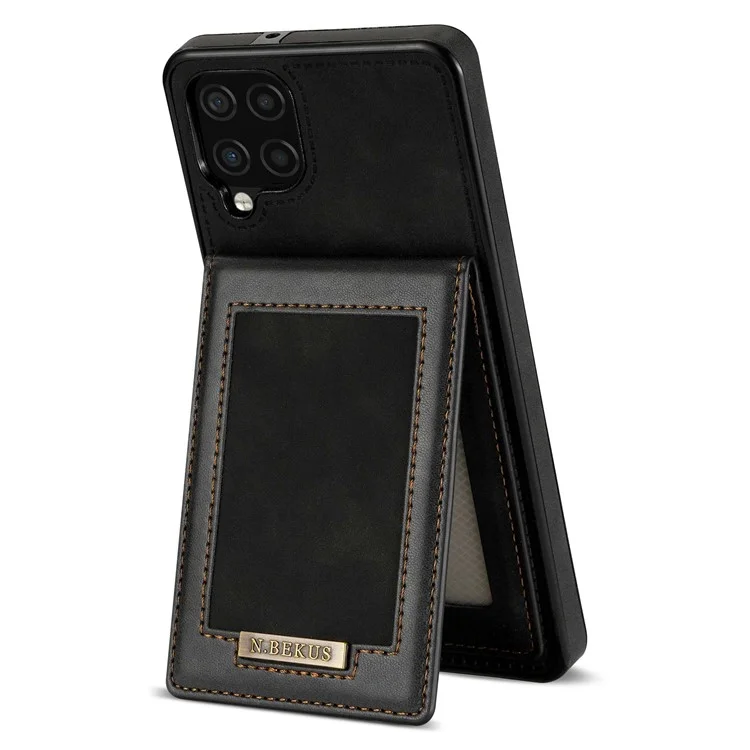 n. Bekus Pour Samsung Galaxy A12 Téléphone à L'épreuve du Téléphone Shell Kickstand RFID Blocking Vertical Carte Holder PU Leather + Tpu Téléphone Back Case - le Noir