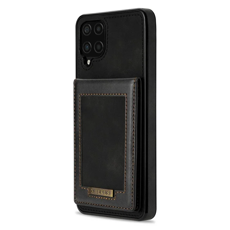 n. Bekus Pour Samsung Galaxy A12 Téléphone à L'épreuve du Téléphone Shell Kickstand RFID Blocking Vertical Carte Holder PU Leather + Tpu Téléphone Back Case - le Noir