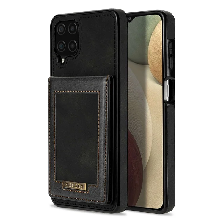 n. Bekus Pour Samsung Galaxy A12 Téléphone à L'épreuve du Téléphone Shell Kickstand RFID Blocking Vertical Carte Holder PU Leather + Tpu Téléphone Back Case - le Noir