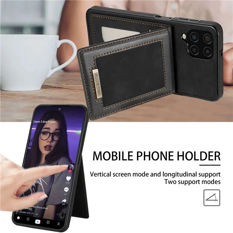 n. Bekus Pour Samsung Galaxy A12 Téléphone à L'épreuve du Téléphone Shell Kickstand RFID Blocking Vertical Carte Holder PU Leather + Tpu Téléphone Back Case - le Noir