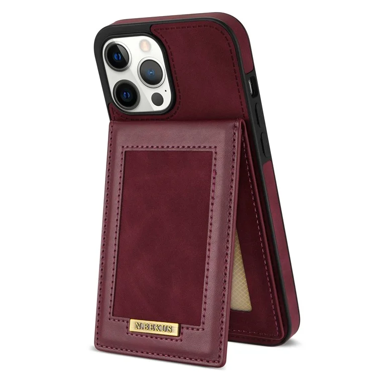 N.BEKUS RFID Blocking Phone Cover for iPhone 12 Pro / 12 6.1 inch, Vertical Card Holder Kickstand Design PU Leather+TPU Phone Case Shell - Wine Red