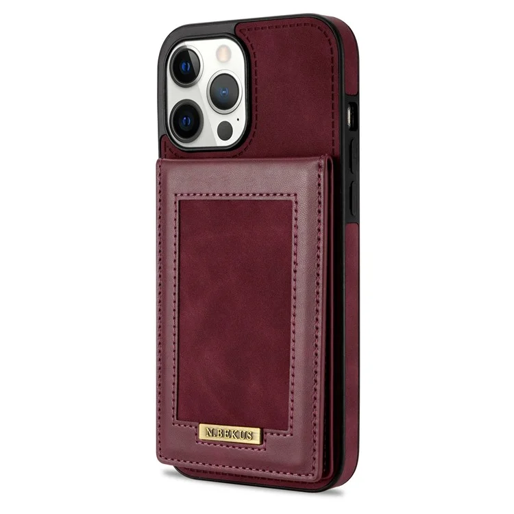 N.BEKUS RFID Blocking Phone Cover for iPhone 12 Pro / 12 6.1 inch, Vertical Card Holder Kickstand Design PU Leather+TPU Phone Case Shell - Wine Red