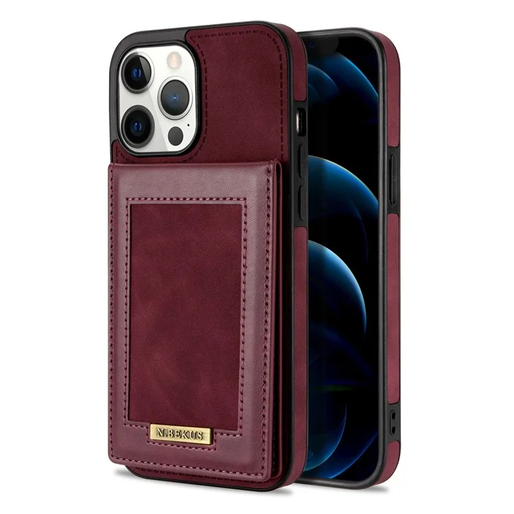 N.BEKUS RFID Blocking Phone Cover for iPhone 12 Pro / 12 6.1 inch, Vertical Card Holder Kickstand Design PU Leather+TPU Phone Case Shell - Wine Red