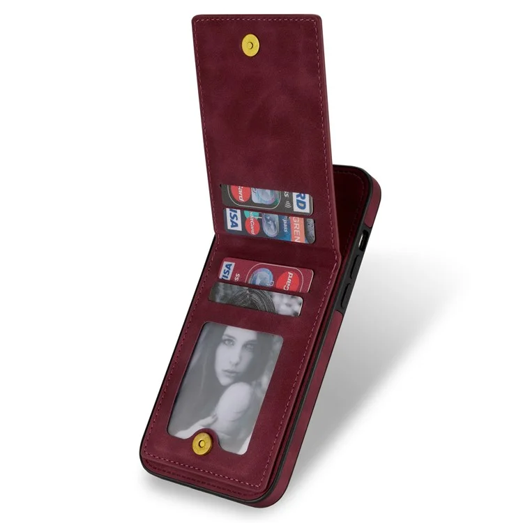 N.BEKUS RFID Blocking Phone Cover for iPhone 12 Pro / 12 6.1 inch, Vertical Card Holder Kickstand Design PU Leather+TPU Phone Case Shell - Wine Red