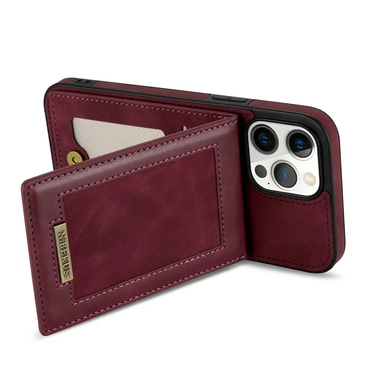 N.BEKUS RFID Blocking Phone Cover for iPhone 12 Pro / 12 6.1 inch, Vertical Card Holder Kickstand Design PU Leather+TPU Phone Case Shell - Wine Red