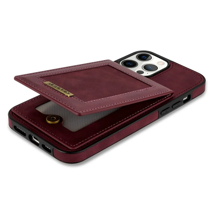 N.BEKUS RFID Blocking Phone Cover for iPhone 12 Pro / 12 6.1 inch, Vertical Card Holder Kickstand Design PU Leather+TPU Phone Case Shell - Wine Red