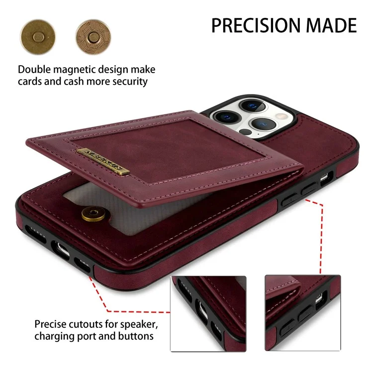 N.BEKUS RFID Blocking Phone Cover for iPhone 12 Pro / 12 6.1 inch, Vertical Card Holder Kickstand Design PU Leather+TPU Phone Case Shell - Wine Red