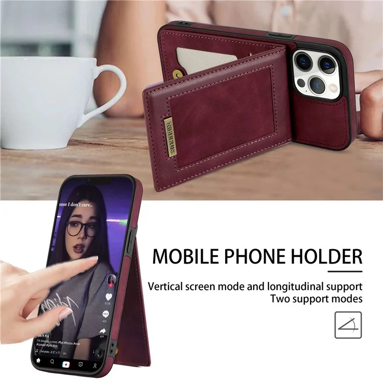 N.BEKUS RFID Blocking Phone Cover for iPhone 12 Pro / 12 6.1 inch, Vertical Card Holder Kickstand Design PU Leather+TPU Phone Case Shell - Wine Red