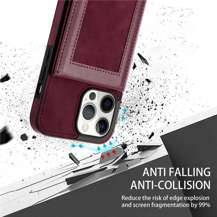 N.BEKUS RFID Blocking Phone Cover for iPhone 12 Pro / 12 6.1 inch, Vertical Card Holder Kickstand Design PU Leather+TPU Phone Case Shell - Wine Red