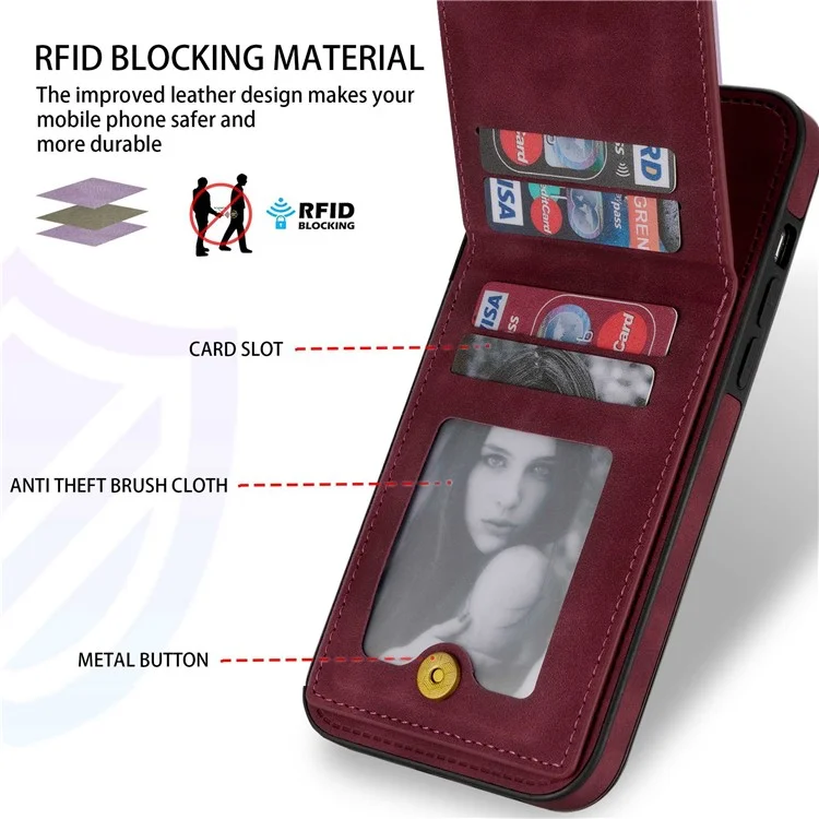 N.BEKUS RFID Blocking Phone Cover for iPhone 12 Pro / 12 6.1 inch, Vertical Card Holder Kickstand Design PU Leather+TPU Phone Case Shell - Wine Red