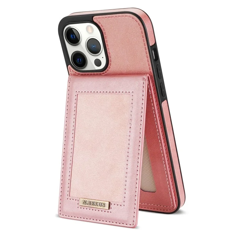 n. Bekus Para Iphone 13 Pro Max 6.7 Pulgadas Teléfono Celular Cell Shell Bloqueo Rfid Bottador de Tarjeta Vertical PU Leather+TPU Teléfono Back Case - Oro Rosa