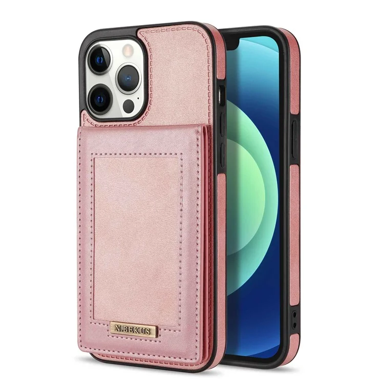 n. Bekus Para Iphone 13 Pro Max 6.7 Pulgadas Teléfono Celular Cell Shell Bloqueo Rfid Bottador de Tarjeta Vertical PU Leather+TPU Teléfono Back Case - Oro Rosa