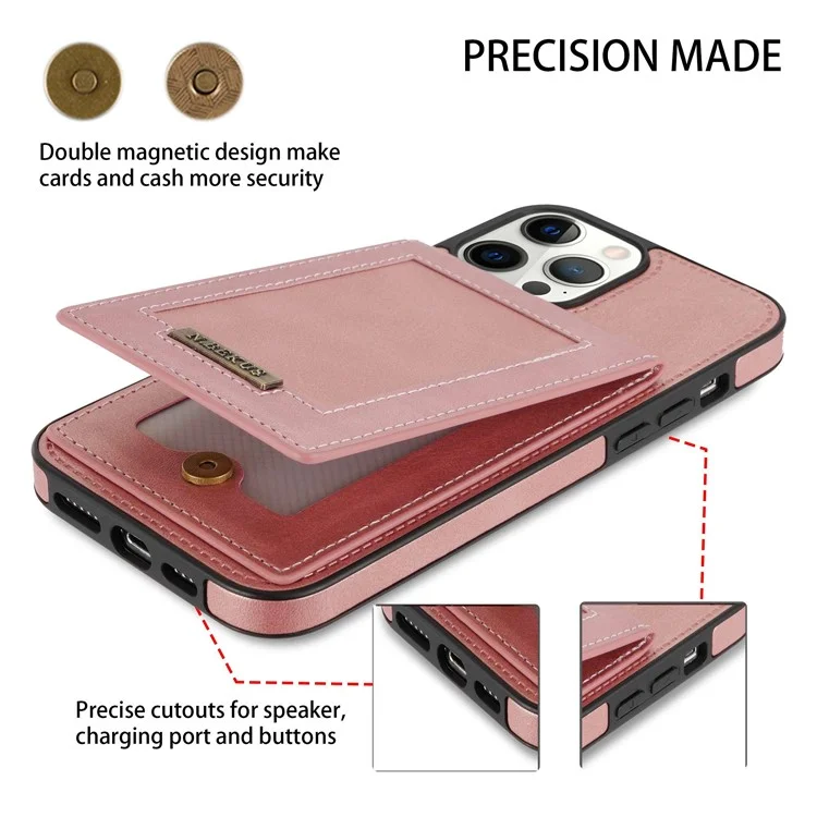n. Bekus Para Iphone 13 Pro Max 6.7 Pulgadas Teléfono Celular Cell Shell Bloqueo Rfid Bottador de Tarjeta Vertical PU Leather+TPU Teléfono Back Case - Oro Rosa