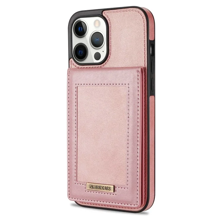 n. Bekus Para Iphone 13 Pro Max 6.7 Pulgadas Teléfono Celular Cell Shell Bloqueo Rfid Bottador de Tarjeta Vertical PU Leather+TPU Teléfono Back Case - Oro Rosa