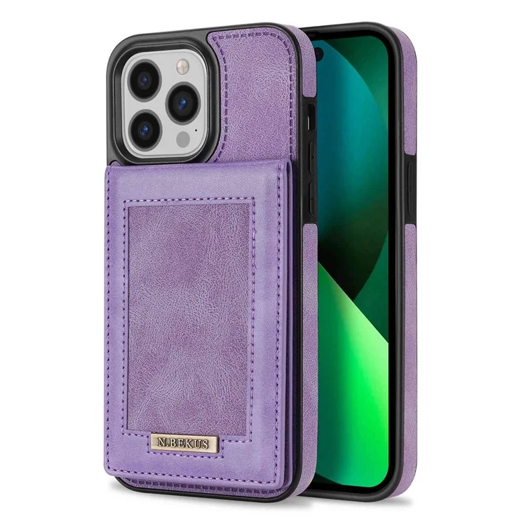 N.BEKUS For iPhone 14 Pro Max 6.7 inch Cell Phone Shell RFID Blocking Vertical Card Holder Kickstand PU Leather+TPU Phone Case - Purple