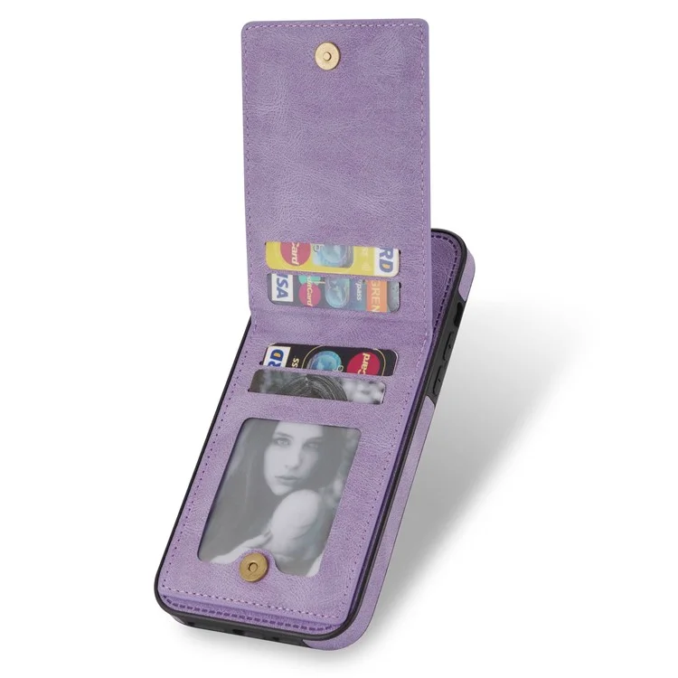 N.BEKUS For iPhone 14 Pro Max 6.7 inch Cell Phone Shell RFID Blocking Vertical Card Holder Kickstand PU Leather+TPU Phone Case - Purple