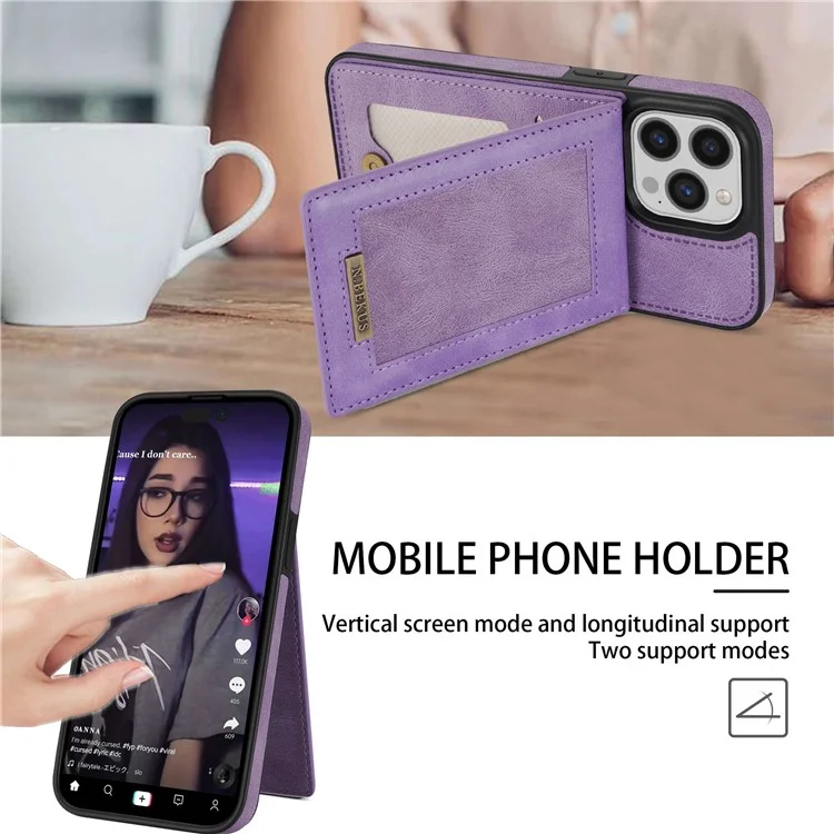 N.BEKUS For iPhone 14 Pro Max 6.7 inch Cell Phone Shell RFID Blocking Vertical Card Holder Kickstand PU Leather+TPU Phone Case - Purple
