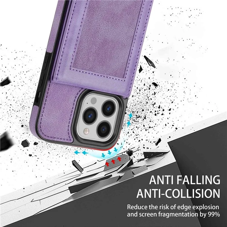 N.BEKUS For iPhone 14 Pro Max 6.7 inch Cell Phone Shell RFID Blocking Vertical Card Holder Kickstand PU Leather+TPU Phone Case - Purple