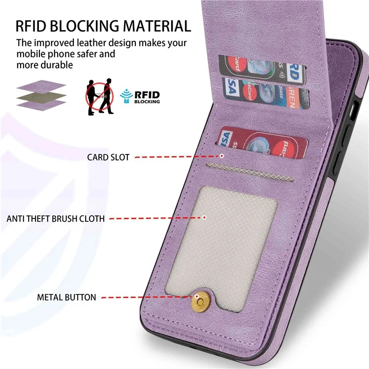N.BEKUS For iPhone 14 Pro Max 6.7 inch Cell Phone Shell RFID Blocking Vertical Card Holder Kickstand PU Leather+TPU Phone Case - Purple