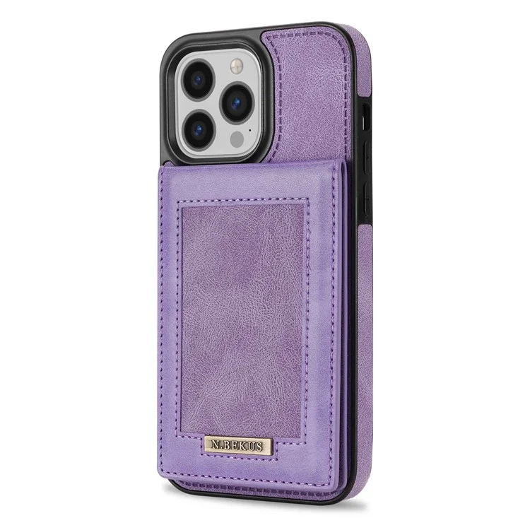 N.BEKUS For iPhone 14 Pro Max 6.7 inch Cell Phone Shell RFID Blocking Vertical Card Holder Kickstand PU Leather+TPU Phone Case - Purple