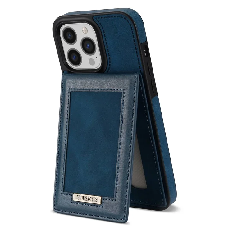 N.BEKUS For iPhone 14 Pro Max 6.7 inch Cell Phone Shell RFID Blocking Vertical Card Holder Kickstand PU Leather+TPU Phone Case - Blue
